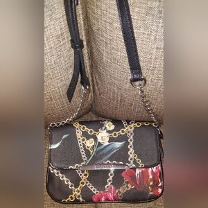Dana Buchman Black Floral Chain-Print Crossbody with Gold Accents